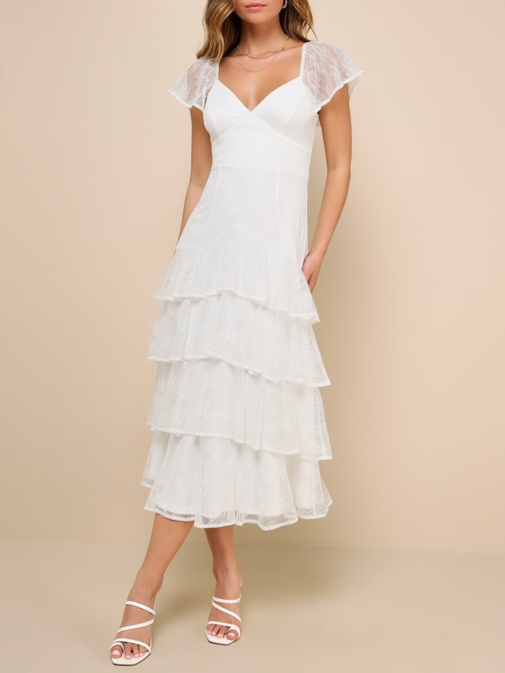 Lulus Graceful Darling White Lace Flutter Sleeve Tiered Midi Dress Size M NWT